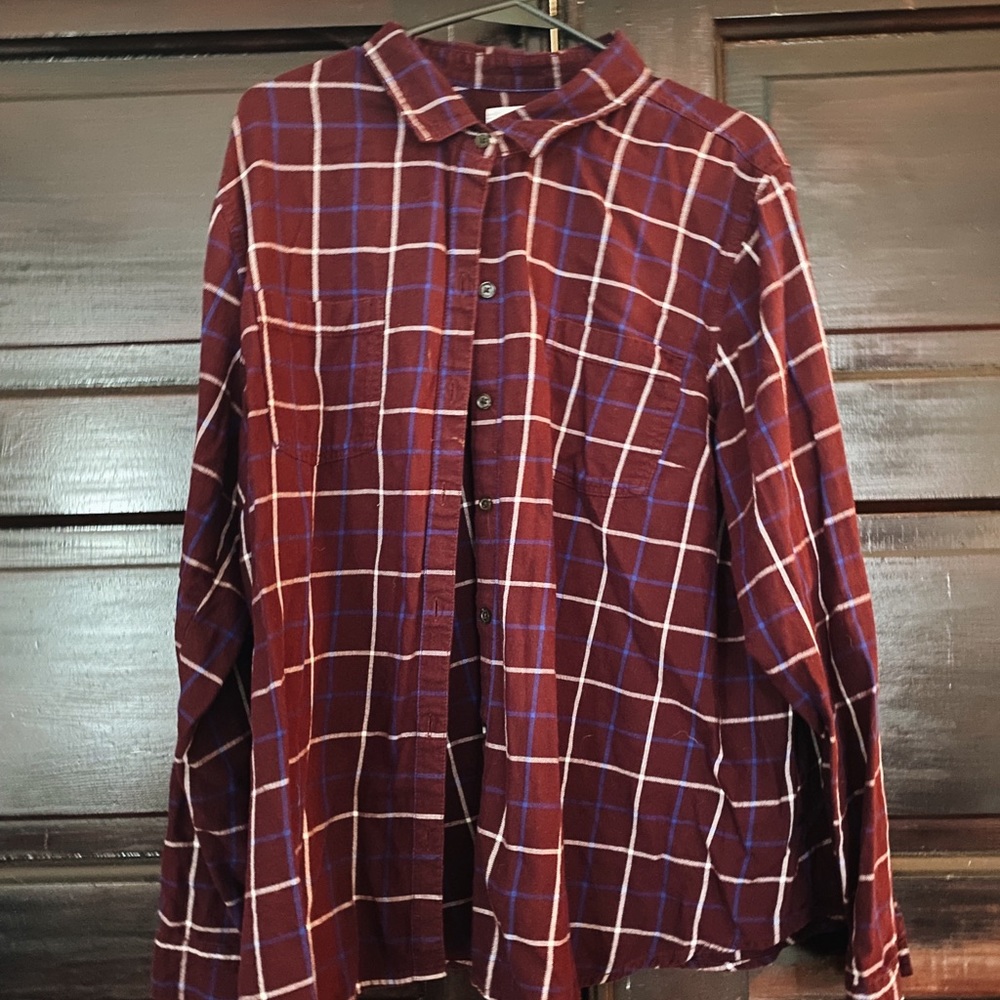 burgundy, navy and white flannel button up